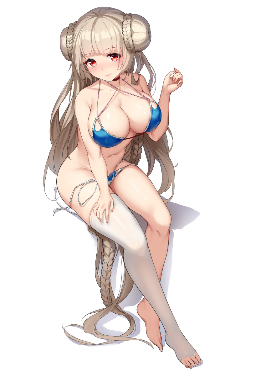 1girl absurdres alternate_costume azur_lane bangs bare_shoulders barefoot bikini blue_bikini blush braid braided_bun breasts choker cleavage closed_mouth collarbone covered_nipples double_bun eyelashes formidable_(azur_lane) formidable_(the_lady_of_the_beach)_(azur_lane) hand_on_own_thigh hand_up highres invisible_chair large_breasts lips long_hair looking_at_viewer multi-strapped_bikini red_eyes shadow shiny shiny_hair silver_hair simple_background single_thighhigh sitting smile solo swimsuit thighhighs thighs toeless_legwear untied untied_bikini very_long_hair white_background white_legwear yusan