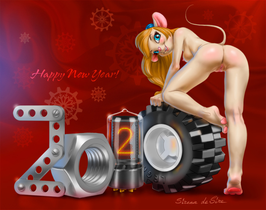 2020 blonde_hair blue_eyes breasts butt chip_'n_dale_rescue_rangers disney gadget_hackwrench hair holidays mammal mouse murid murine new_year nipples nixie_tube nude pawpads pussy rodent side_boob sirena_de_sire