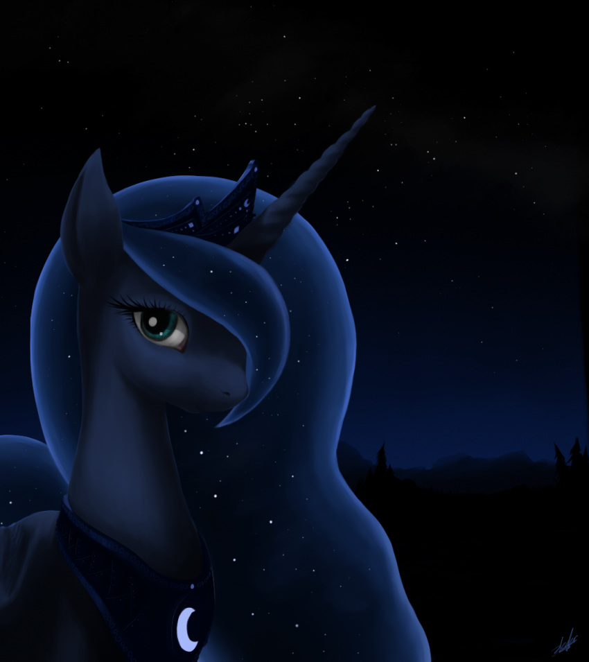 blue_body blue_eyes blue_feathers blue_hair cool_colors equid feathered_wings feathers female feral friendship_is_magic hair horn looking_at_viewer mammal moon my_little_pony night princess princess_luna_(mlp) royalty solo star winged_unicorn wings zlack3r