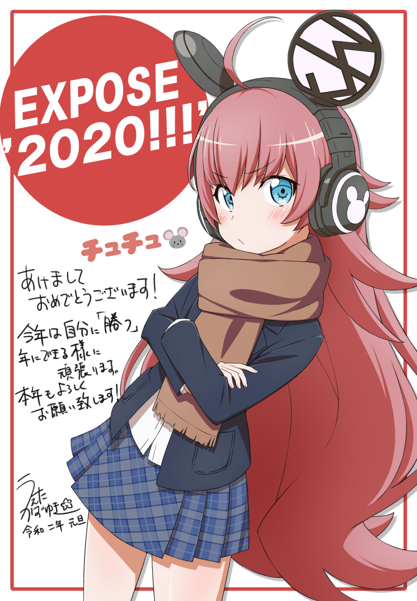 1girl 2020 absurdres ahoge akeome animal_ear_headphones animal_ears bang_dream! bangs black_jacket blazer blue_eyes blue_skirt blush brown_scarf character_name chinese_zodiac chu2_(bang_dream!) commentary_request crossed_arms happy_new_year headphones highres jacket long_hair long_sleeves looking_at_viewer miniskirt mouse_ears new_year plaid plaid_skirt pleated_skirt red_hair scarf signature skirt solo translation_request ueda_kazuyuki v-shaped_eyebrows very_long_hair white_background year_of_the_rat