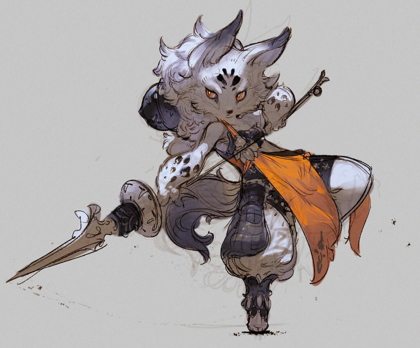 anthro black_markings canid canine canis clothing fur hair holding_object holding_spear holding_weapon japanese_armor mammal markings melee_weapon on_one_leg orange_clothing orange_eyes ovopack polearm solo spear spots spotted_body spotted_fur standing weapon white_body white_fur wolf