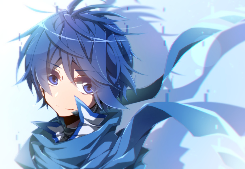 1boy aosaki_yato blue_background blue_eyes blue_hair blue_scarf blurry_foreground commentary digital_dissolve head_tilt highres kaito looking_at_viewer male_focus portrait scarf shadow short_hair smile vocaloid white_coat