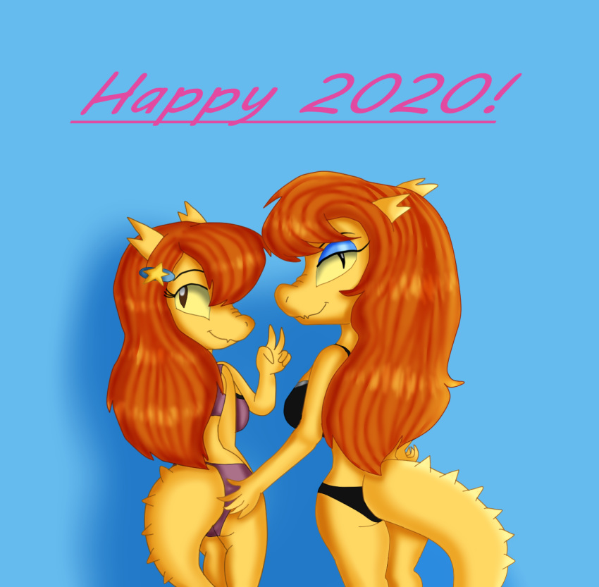 2020 accessory anthro big_butt bra breasts butt cartoon_network clothing cosma_(ok_k.o.!_lbh) digital_media_(artwork) duo eyeshadow fan_character female grope hair hair_accessory hi_res kendratheshinyeevee lingerie lizard long_hair looking_at_viewer looking_back makeup non-mammal_breasts ok_k.o.!_let's_be_heroes panties peace_sign_(disambiguation) rear_view red_hair reptile scales scalie sibling simple_background sister sisters smile starlena_(kendratheshinyeevee) underwear yellow_body yellow_scales yellow_sclera