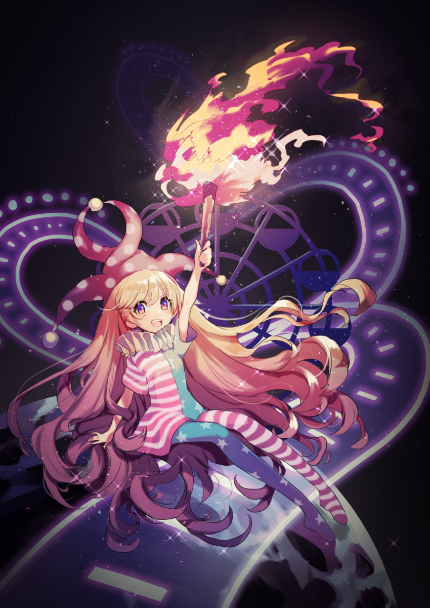1girl :d american_flag_dress american_flag_legwear arm_up bangs black_background blonde_hair blue_dress blue_legwear clownpiece commentary_request dress eyebrows_visible_through_hair fire flame hair_between_eyes hat highres hitsuji_hiko_(mareep15) holding holding_torch jester_cap long_hair looking_at_viewer neck_ruff no_shoes open_mouth pantyhose polka_dot polka_dot_hat purple_eyes purple_headwear red_dress red_legwear short_dress short_sleeves sitting smile solo sparkle star star_print striped striped_dress striped_legwear torch touhou very_long_hair