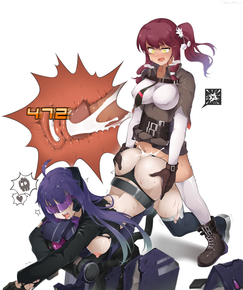 2girls ahegao ahoge ass_grab black_panties blush boots breasts brown_footwear brown_gloves clothed_sex covered_nipples cross-section cum cum_in_pussy damage_numbers dragoon_(girls_frontline) futa_with_female futanari girls_frontline gloves heart highres internal_cumshot large_breasts long_hair long_sleeves multiple_girls nipples open_mouth overflow panties panties_aside penis ppkoly purple_hair saiga-12_(girls_frontline) simple_background spoken_heart spoken_skull teeth thighhighs tongue tongue_out torn_clothes underwear vaginal white_background white_legwear yellow_eyes