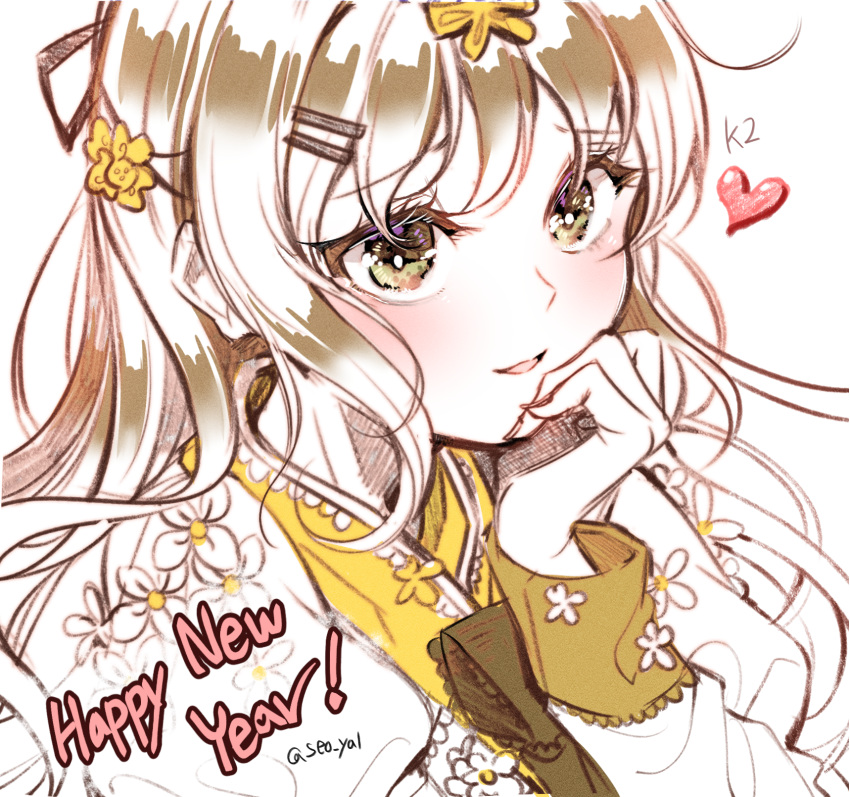 1girl blush brown_eyes brown_hair character_name commentary_request flower girls_frontline hair_ornament hairclip hanbok happy_new_year heart highres k-2_(girls_frontline) korean_clothes long_hair long_sleeves looking_at_viewer mocohi123 new_year parted_lips simple_background smile solo twitter_username upper_body white_background white_flower