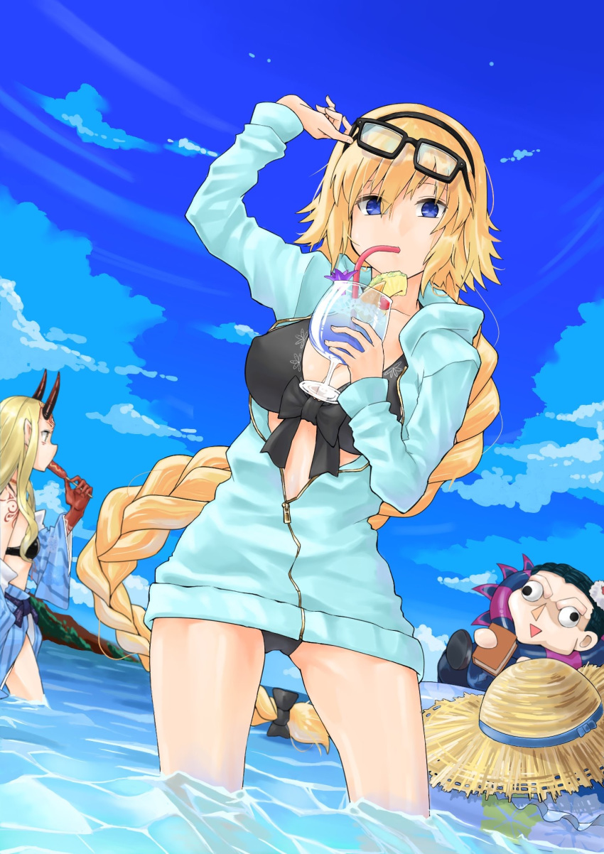 1boy 2girls aqua_jacket bikini black_bikini blonde_hair blue_eyes book braid breasts caster_(fate/zero) commentary_request drinking_straw eating fate/grand_order fate_(series) hat headpiece highres holding holding_book ibaraki_douji_(fate/grand_order) in_water jacket jeanne_d'arc_(fate) jeanne_d'arc_(fate)_(all) large_breasts long_hair long_sleeves looking_at_viewer multiple_girls oni_horns outdoors puchisakigake shoulder_tattoo single_braid solo solo_focus straw_hat swimsuit tattoo very_long_hair