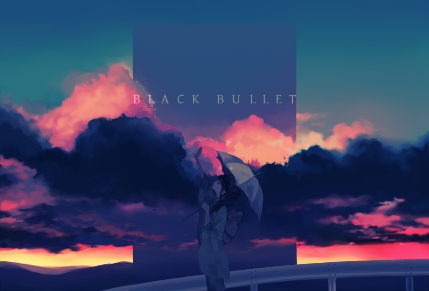 black_bullet clouds japanese_clothes kimono sunset ukai_saki umbrella