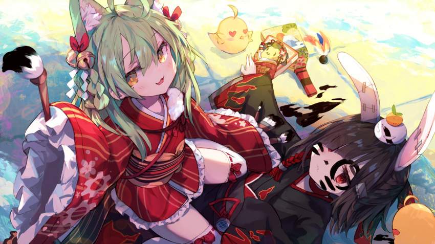 2girls :3 ahoge akashi_(akashi's_in_the_red!)_(azur_lane) akashi_(azur_lane) animal_ear_fluff animal_ears azur_lane badminton_racket bangs bell black_hair black_kimono bunny_ears calligraphy_brush cat_ears closed_mouth commentary_request expressionless face_painting fake_animal_ears frilled_sleeves frills green_hair hair_bell hair_ornament hair_over_one_eye ink japanese_clothes jitome kimono looking_at_viewer manjuu_(azur_lane) mole mole_under_eye multiple_girls official_art open_mouth paintbrush racket red_eyes red_kimono roll_okashi shiranui_(azur_lane) short_kimono sleeves_past_fingers sleeves_past_wrists smile very_long_sleeves yellow_eyes