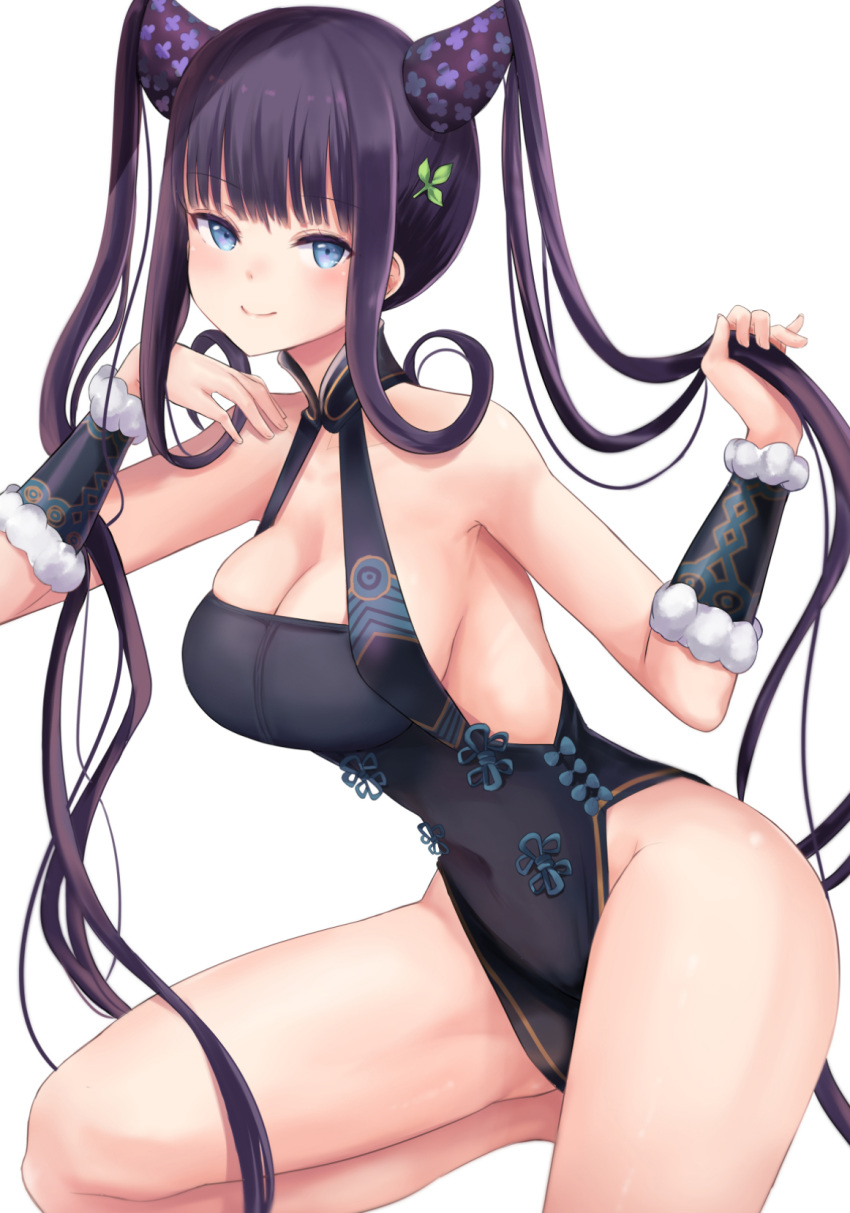 1girl bangs bare_shoulders black_dress blue_eyes blunt_bangs blush breasts china_dress chinese_clothes cleavage closed_mouth detached_sleeves dress fate/grand_order fate_(series) hair_ornament highres holding holding_hair kneeling large_breasts leaf long_hair looking_at_viewer neneru short_dress simple_background smile solo thighs very_long_hair white_background yang_guifei_(fate/grand_order)