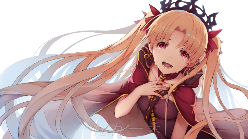 1girl absurdres black_ribbon blonde_hair breasts cape cleavage diadem earrings ereshkigal_(fate/grand_order) fate/grand_order fate_(series) hair_ribbon hand_on_own_chest highres infinity jewelry long_hair looking_at_viewer medium_breasts nail_polish open_mouth rafael-m red_cape red_eyes red_nails ribbon simple_background skull solo spine tears teeth two_side_up upper_body white_background