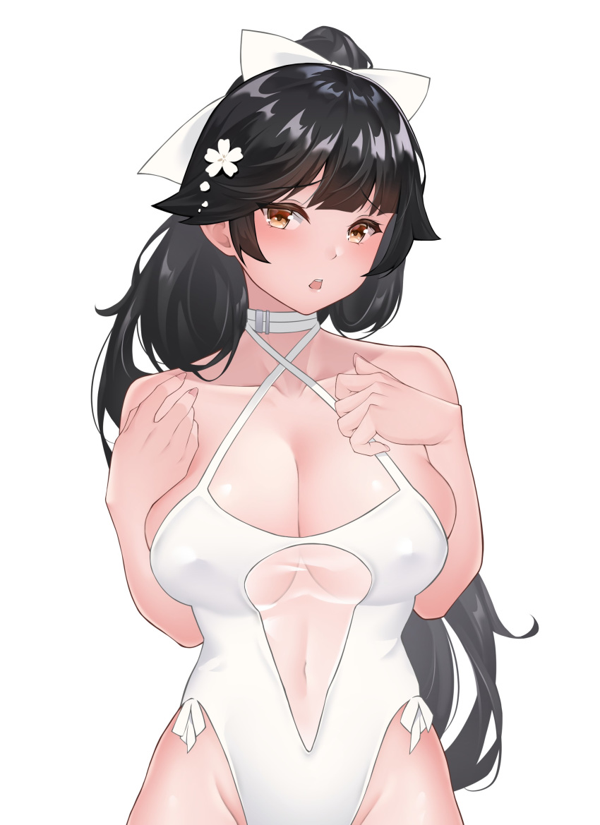 1girl :o absurdres azur_lane bare_arms bare_shoulders black_hair blush bow breasts brown_eyes casual_one-piece_swimsuit cleavage collarbone covered_navel covered_nipples criss-cross_halter flower groin hair_bow hair_flower hair_ornament halterneck hand_on_own_chest highleg highleg_swimsuit highres large_breasts long_hair looking_at_viewer misaki159123 one-piece_swimsuit open_mouth ponytail simple_background solo swimsuit takao_(azur_lane) takao_(beach_rhapsody)_(azur_lane) upper_body white_background white_bow white_flower white_swimsuit