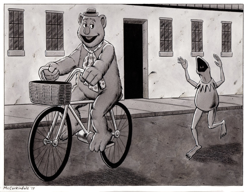 2019 amphibian basket bike_(disambiguation) border bruce_mccorkindale building bycicle bycicle_thieves clothing crossover fozzie_bear frog hat headgear headwear kermit_the_frog mammal monochrome muppets necktie open_mouth parody pedals running sesame_street signature ursid wheel white_border window