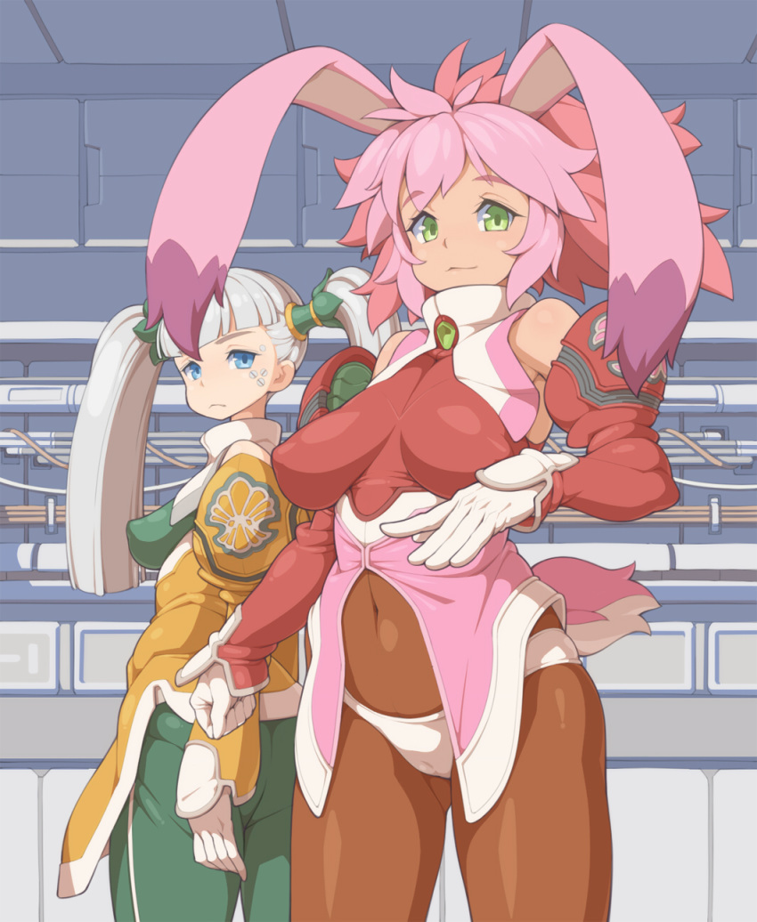 2girls :&lt; animal_ears ass blue_eyes bodysuit breasts bunny_ears cameltoe covered_navel covered_nipples cyborg elbow_gloves gloves green_eyes highres large_breasts multicolored_hair multiple_girls panties panties_over_pantyhose pantyhose pantylines red_hair revision seraphita_(xenogears) silver_hair skin_tight tenako_(mugu77) tolone_(xenogears) twintails underwear xenogears
