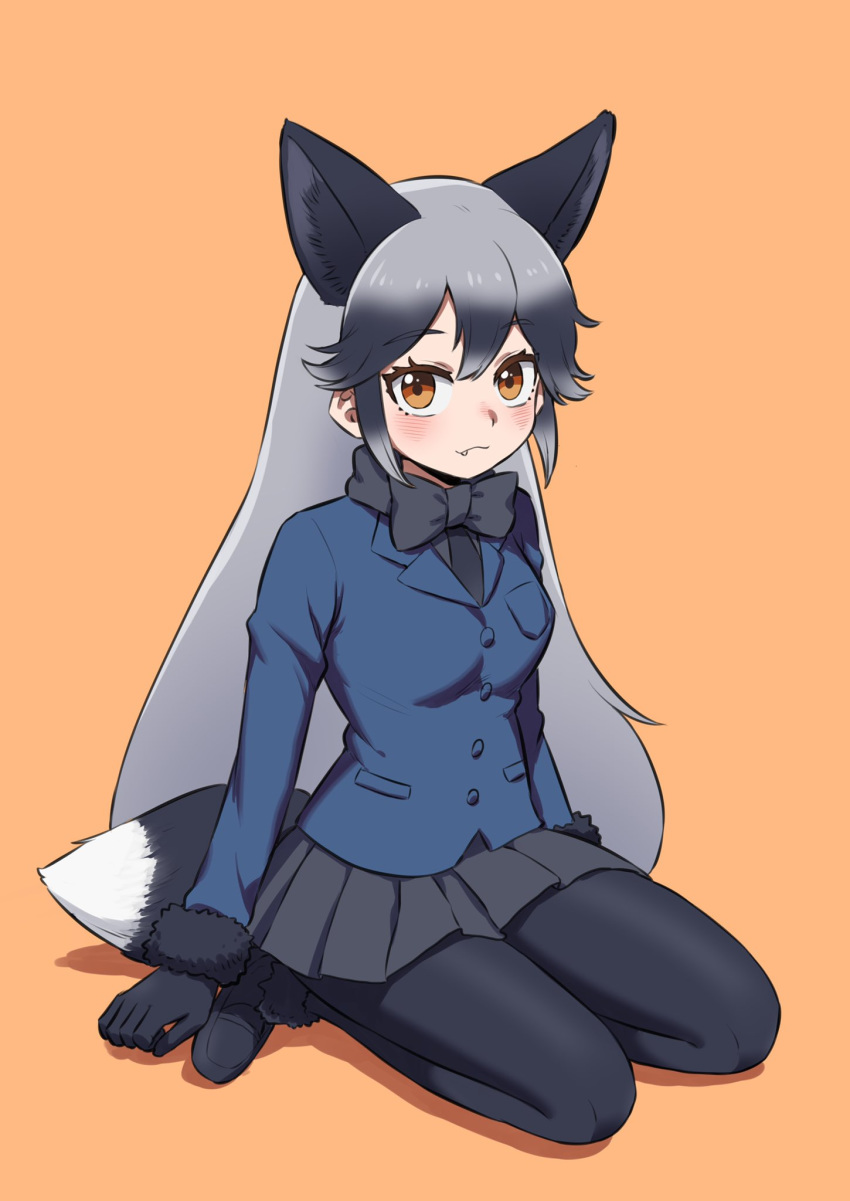 1girl :3 animal_ears black_gloves black_hair black_legwear black_skirt blush commentary_request extra_ears eyebrows_visible_through_hair fang fox_ears fox_girl fox_tail fur_trim gloves grey_hair highres kemono_friends long_hair long_sleeves multicolored_hair navy_blue_jacket ogushi_aritomo orange_background orange_eyes pantyhose pleated_skirt seiza silver_fox_(kemono_friends) silver_hair simple_background sitting skirt solo tail