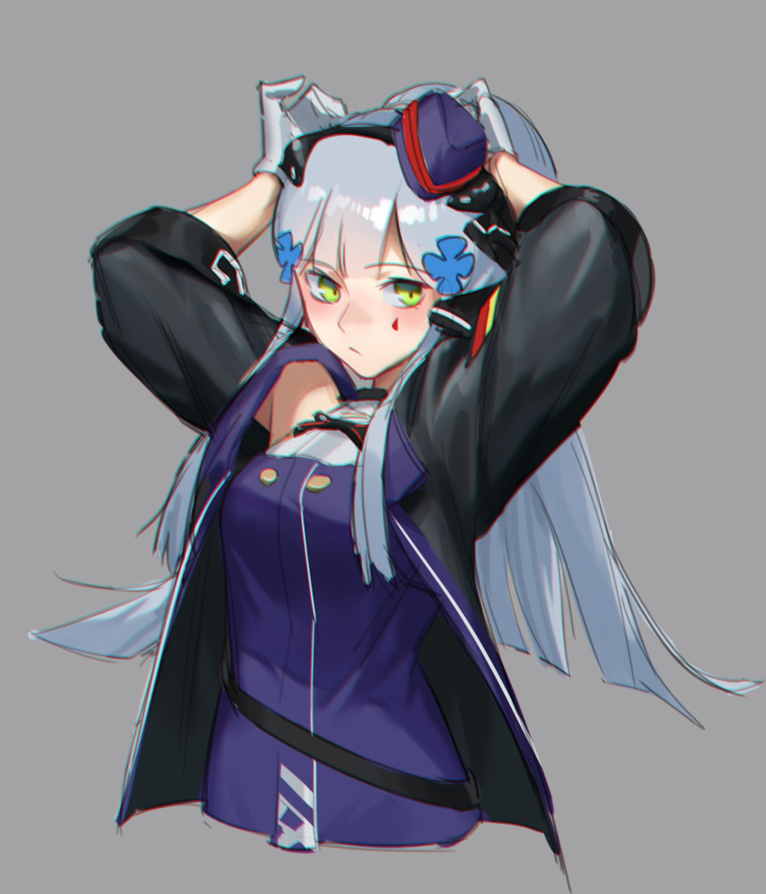 1girl adjusting_clothes adjusting_hat arms_up bangs blue_headwear blunt_bangs blush breasts closed_mouth eyebrows_visible_through_hair facial_mark german_flag germany girls_frontline gloves green_eyes grey_background hair_ornament hat headwear highres hk416_(girls_frontline) jacket long_hair long_sleeves looking_away medium_breasts military_jacket silver_hair simple_background solo teardrop upper_body white_gloves zhang492382336