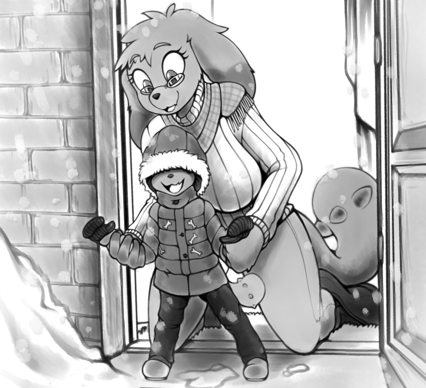 2019 anthro canid chalk_(oc) child clothing diamond_dog_(mlp) eyewear fan_character friendship_is_magic glasses gloves handwear jacket mammal monochrome my_little_pony replica_(artist) snow snowing topwear winter young