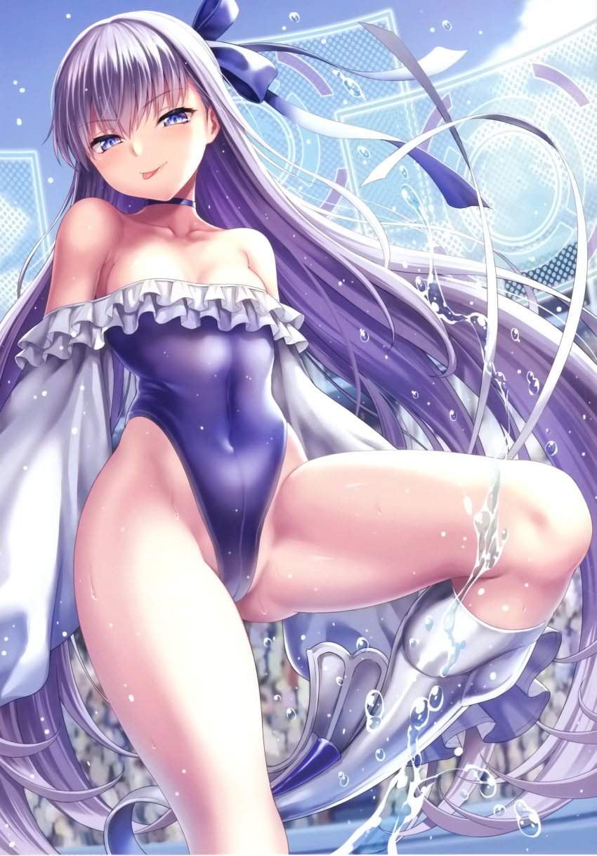 1girl :p absurdres bangs bare_shoulders blue_eyes blue_ribbon blue_swimsuit blush breasts cameltoe choker collarbone day eyebrows_visible_through_hair fate/grand_order fate_(series) groin_tendon hair_between_eyes highres kase_daiki leg_up long_hair long_sleeves looking_at_viewer meltryllis meltryllis_(swimsuit_lancer)_(fate) outdoors purple_hair ribbon scan sleeves_past_fingers sleeves_past_wrists smile solo splashing standing swimsuit tongue tongue_out very_long_hair