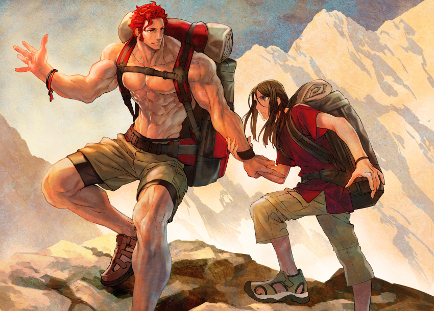 2boys alexander_(fate/grand_order) alternate_hairstyle azuma_tou backpack bag bracelet cargo_pants fate/zero fate_(series) green_eyes grey_eyes highres hiking holding_arm jewelry lord_el-melloi_ii_case_files male_focus mountain multiple_boys muscle older pants ponytail red_eyes red_hair rider_(fate/zero) sandals shirtless sideburns sidelocks tied_hair vacation waver_velvet wristband