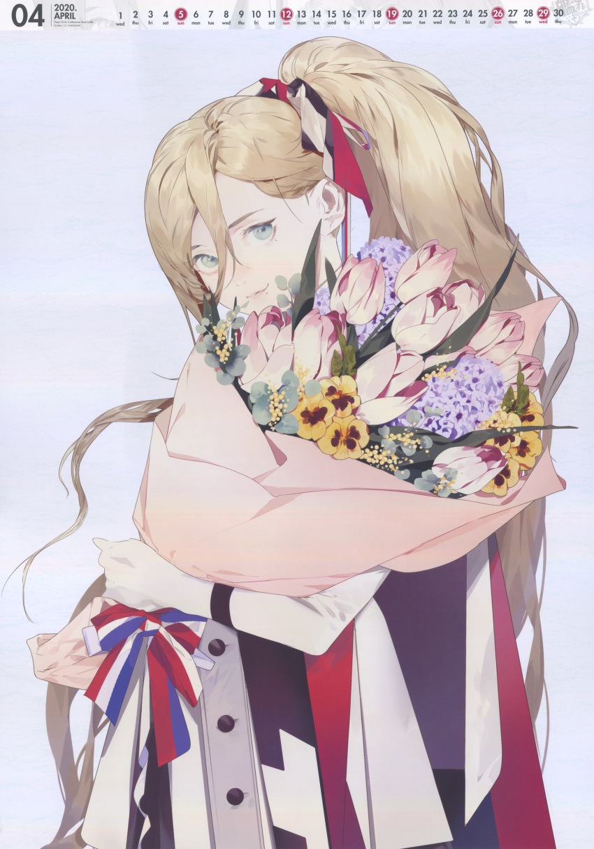 1girl absurdres akira_(kadokawa) alternate_hairstyle anatomical_nonsense bad_anatomy blonde_hair blue_eyes bouquet buttons calendar_(medium) flower highres holding holding_bouquet image_sample kantai_collection lips long_hair mole mole_under_eye mole_under_mouth official_art pink_flower purple_flower richelieu_(kantai_collection) smile solo white_flower yandere_sample yellow_flower