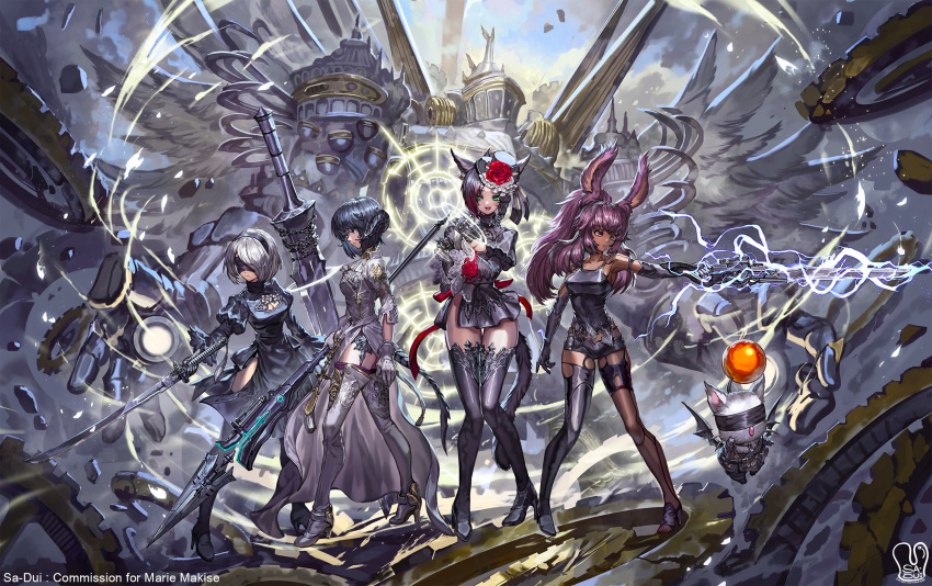 4girls alexander_(final_fantasy) animal_ears artist_name au_ra black_dress blindfold bunny_ears cat_ears cat_tail commission cosplay crossover destruction dragon_tail dress electricity final_fantasy final_fantasy_xiv gears highres horns magic_circle miqo'te moogle multiple_girls nier_(series) nier_automata polearm sa-dui side_slit spear sword tail thighhighs viera weapon wings yorha_infantry_squad_commander yorha_infantry_squad_commander_(cosplay) yorha_no._2_type_b yorha_no._2_type_b_(cosplay) yorha_type_a_no._2 yorha_type_a_no._2_(cosplay)