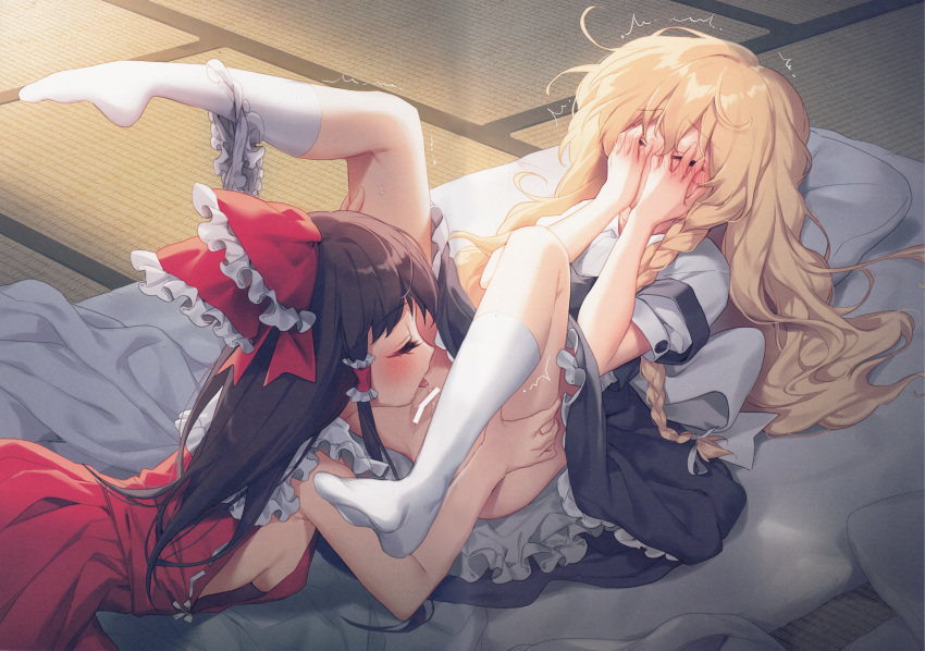 2girls ^_^ absurdres banned_artist bar_censor bare_arms bare_shoulders black_hair black_skirt black_vest blonde_hair bloomers bloomers_around_one_leg blush bow braid breasts censored closed_eyes covering_face cunnilingus embarrassed frilled_bow frilled_shirt_collar frills futon hair_bow hair_ribbon hajin hakurei_reimu highres huge_filesize indoors kirisame_marisa kneehighs legs_up licking long_hair lying medium_breasts multiple_girls no_hat no_headwear nose_blush on_stomach oral petticoat pillow pussy red_bow red_shirt red_skirt ribbon scan shadow shirt single_braid skirt skirt_set sleeveless sleeveless_shirt stitched tatami thighs third-party_edit tongue tongue_out touhou twitching underwear vest white_bloomers white_legwear white_ribbon white_shirt yuri