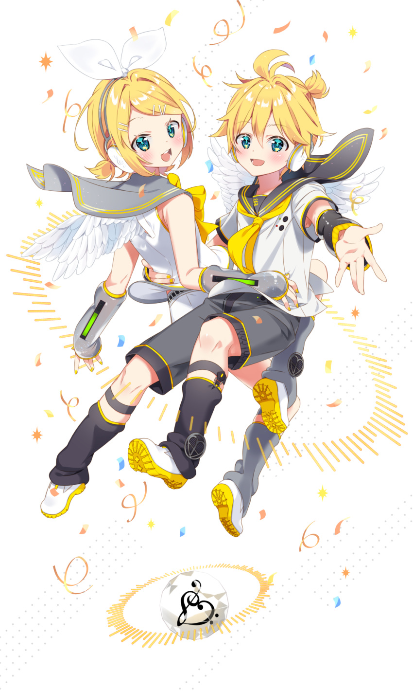 1boy 1girl :d angel_wings arami_o_8 armpit_peek back_cutout bangs bass_clef black_sailor_collar black_shorts blonde_hair blue_eyes blush bow bowtie brother_and_sister commentary_request confetti detached_sleeves eyebrows_visible_through_hair feathered_wings full_body grey_sailor_collar hair_between_eyes hair_bow hair_intakes hair_ornament hairclip hand_on_another's_back hand_on_another's_stomach headphones highres kagamine_len kagamine_rin leg_warmers looking_at_viewer nail_polish necktie open_mouth reaching_out sailor_collar shirt shoes short_hair short_shorts short_sleeves shorts siblings simple_background sleeveless sleeveless_shirt smile star star_in_eye streamers symbol_in_eye treble_clef twins upper_body vocaloid white_background white_footwear white_shirt white_shorts wings yellow_nails yellow_neckwear