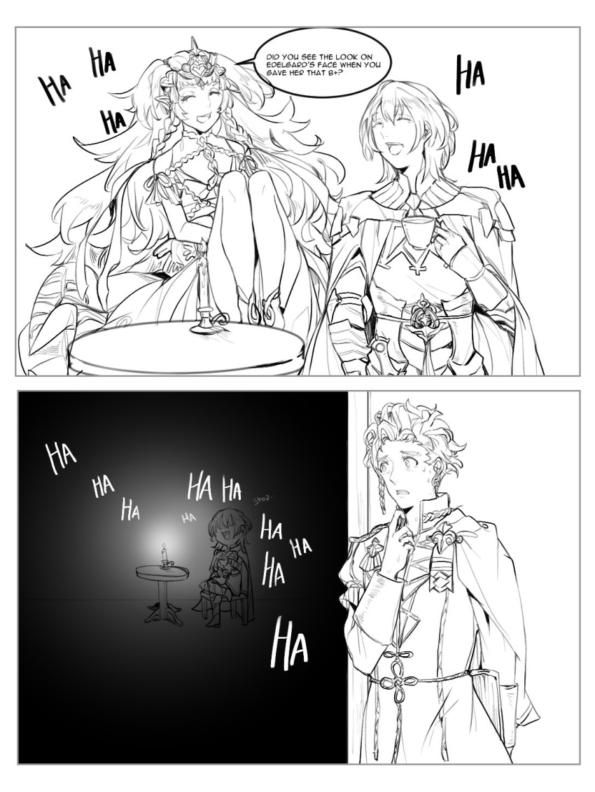 1girl 2boys armor braid byleth_(fire_emblem) byleth_(fire_emblem)_(male) candle cape claude_von_riegan closed_eyes cup earrings english_text fire_emblem fire_emblem:_three_houses garreg_mach_monastery_uniform greyscale hair_ornament highres holding holding_cup jewelry long_hair long_sleeves monochrome multiple_boys open_mouth pointy_ears sakuuremi short_hair sitting sothis_(fire_emblem) table teacup tiara twin_braids uniform
