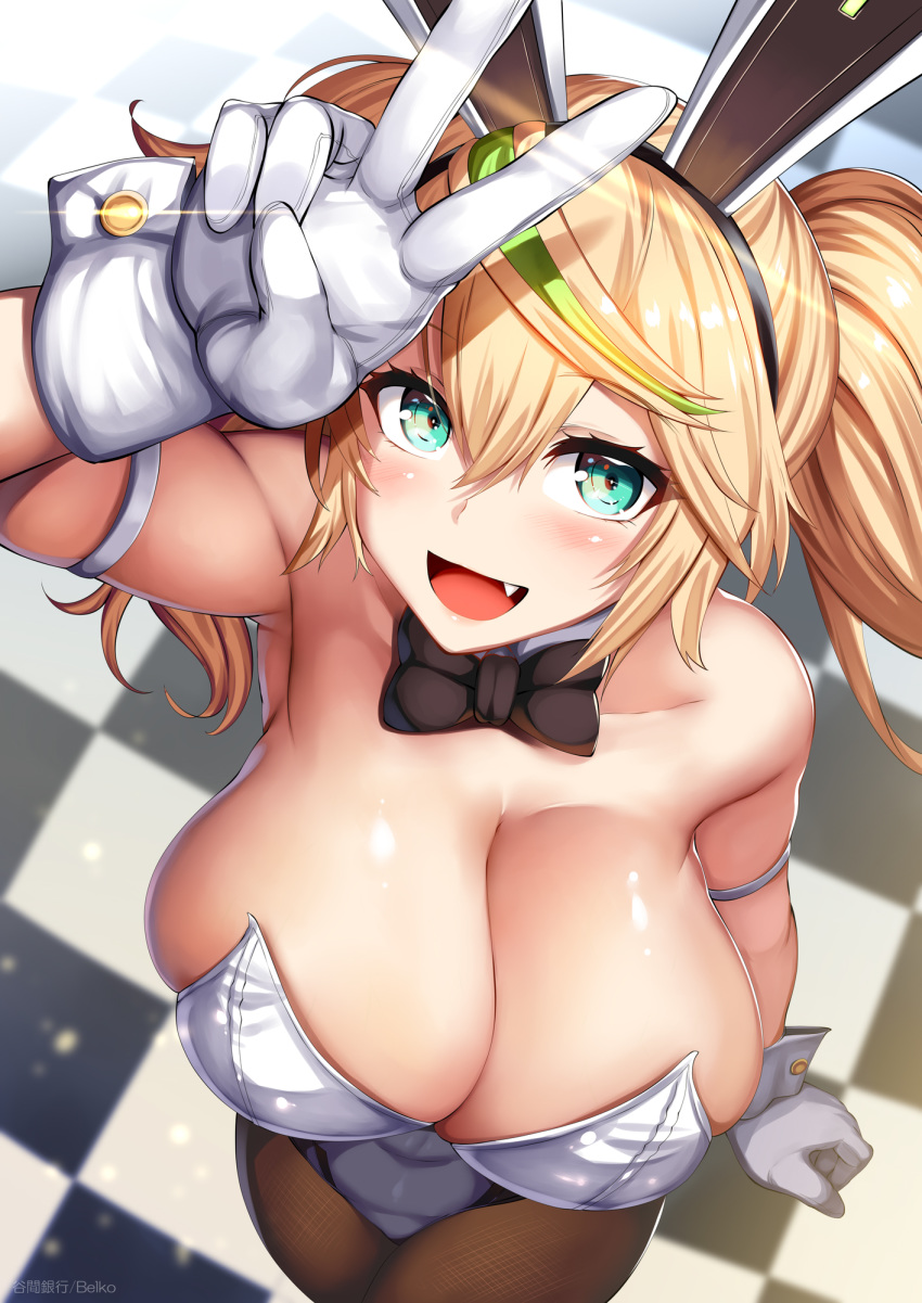 1girl animal_ears aqua_eyes arm_strap bangs banned_artist bare_shoulders black_bow blonde_hair blush bow bowtie breasts bunny_ears bunnysuit checkered checkered_floor cleavage detached_collar fang from_above gene_(pso2) gloves green_hair hair_between_eyes highleg highleg_leotard highres large_breasts leotard lolicept long_hair looking_at_viewer looking_up multicolored_hair pantyhose phantasy_star phantasy_star_online_2 smile solo streaked_hair twintails two-tone_hair v white_gloves white_leotard