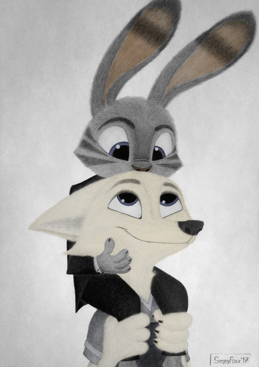 2017 alternate_version_at_source ambiguous_gender anthro arctic_fox black_stripes canid canine carrying clothed clothing disney duo ear_markings facial_markings fox fully_clothed fur grey_body grey_fur head_markings jack_savage lagomorph leporid looking_at_another mammal markings on_shoulders rabbit sergeyfoxx skye_(zootopia) stripes suit white_body white_fur zootopia