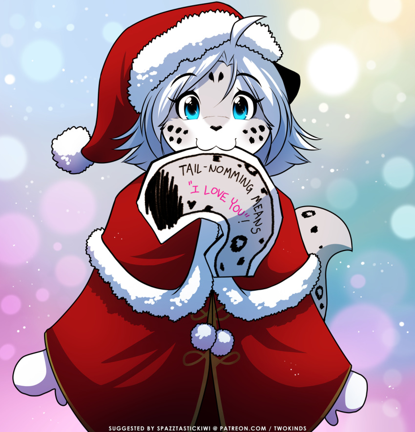 2019 2020 :3 anthro blue_eyes child christmas christmas_card clothed clothing conditional_dnp cub dress english_text felid female fur fur_trim_(clothing) gradient_background grey_body grey_fur grey_hair hair hat headgear headwear hi_res holidays keidran looking_at_viewer maeve_(twokinds) mammal monochrome multicolored_body multicolored_fur nom object_in_mouth pantherine santa_hat simple_background smile snow snow_leopard solo spots spotted_body spotted_fur text tom_fischbach twokinds webcomic white_body white_fur young