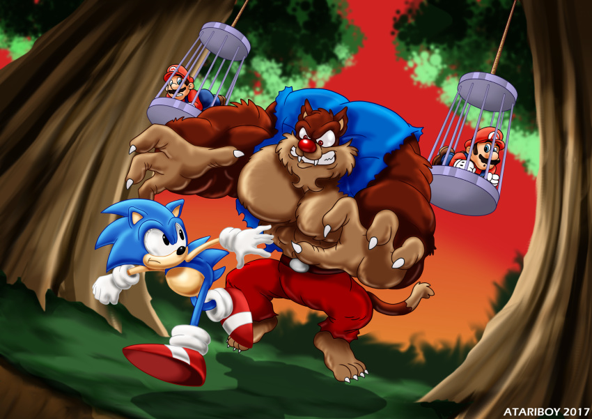 atariboy2600 black_eyes blue_body blue_eyes blue_fur bootleg brown_body brown_fur claws clothing eulipotyphlan fur hedgehog human looney_tunes male mammal mario mario_bros nintendo size_difference sonic_the_hedgehog sonic_the_hedgehog_(series) sonic_the_hedgehog_4_(snes) topwear tree vest video_games warner_brothers wild_cat_(speedy_gonzales:_los_gatos_bandidos)