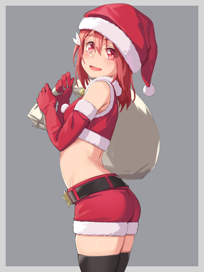 1girl absurdres ass bare_shoulders bell black_legwear blush breasts christmas elbow_gloves gloves grey_background groin hair_ornament hairclip hat highres looking_at_viewer looking_to_the_side michairu midriff open_mouth red_eyes red_gloves red_hair red_shorts sack santa_costume santa_hat short_hair shorts simple_background small_breasts smile solo standing teeth thighhighs upper_body upper_teeth yuuki_yuuna yuuki_yuuna_wa_yuusha_de_aru yuusha_de_aru