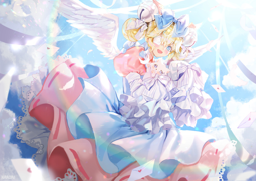 1girl :d animal bangs bell blonde_hair blue_dress blue_eyes blue_sky blush bow cat cloud commentary_request commission day double_bun dress envelope eyebrows_visible_through_hair eyepatch feathered_wings hair_bell hair_between_eyes hair_ornament heart jingle_bell long_sleeves looking_at_viewer love_letter medical_eyepatch mullpull open_mouth original outdoors pleated_dress puffy_short_sleeves puffy_sleeves ribbon short_over_long_sleeves short_sleeves signature sky sleeves_past_fingers sleeves_past_wrists smile solo striped striped_bow white_bow white_ribbon white_wings wings