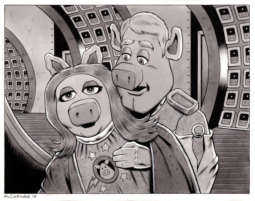 2019 4_fingers anthro border bruce_mccorkindale crossover domestic_pig duo female fingers holding_(disambiguation) link_hogthrob male mammal miss_piggy monochrome muppet muppets parody science_fiction signature snout solaris_(movie) spacecraft suid suina sus_(pig) vehicle white_border