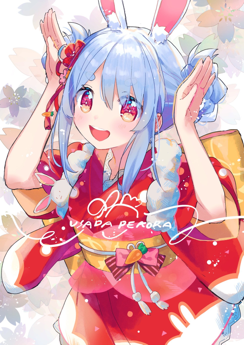 1girl :d animal_ear_fluff animal_ears arms_up bangs blue_hair blush bow bunny-shaped_pupils bunny_ears bunny_pose character_name commentary eyebrows_visible_through_hair floral_background hair_between_eyes hair_ornament hair_ribbon hair_up highres hololive japanese_clothes kimono obi official_alternate_costume open_mouth red_eyes red_kimono red_ribbon ribbon sash short_eyebrows short_sleeves sidelocks smile solo striped striped_bow symbol-shaped_pupils thick_eyebrows upper_body upper_teeth usada_pekora virtual_youtuber zuho_(vega)