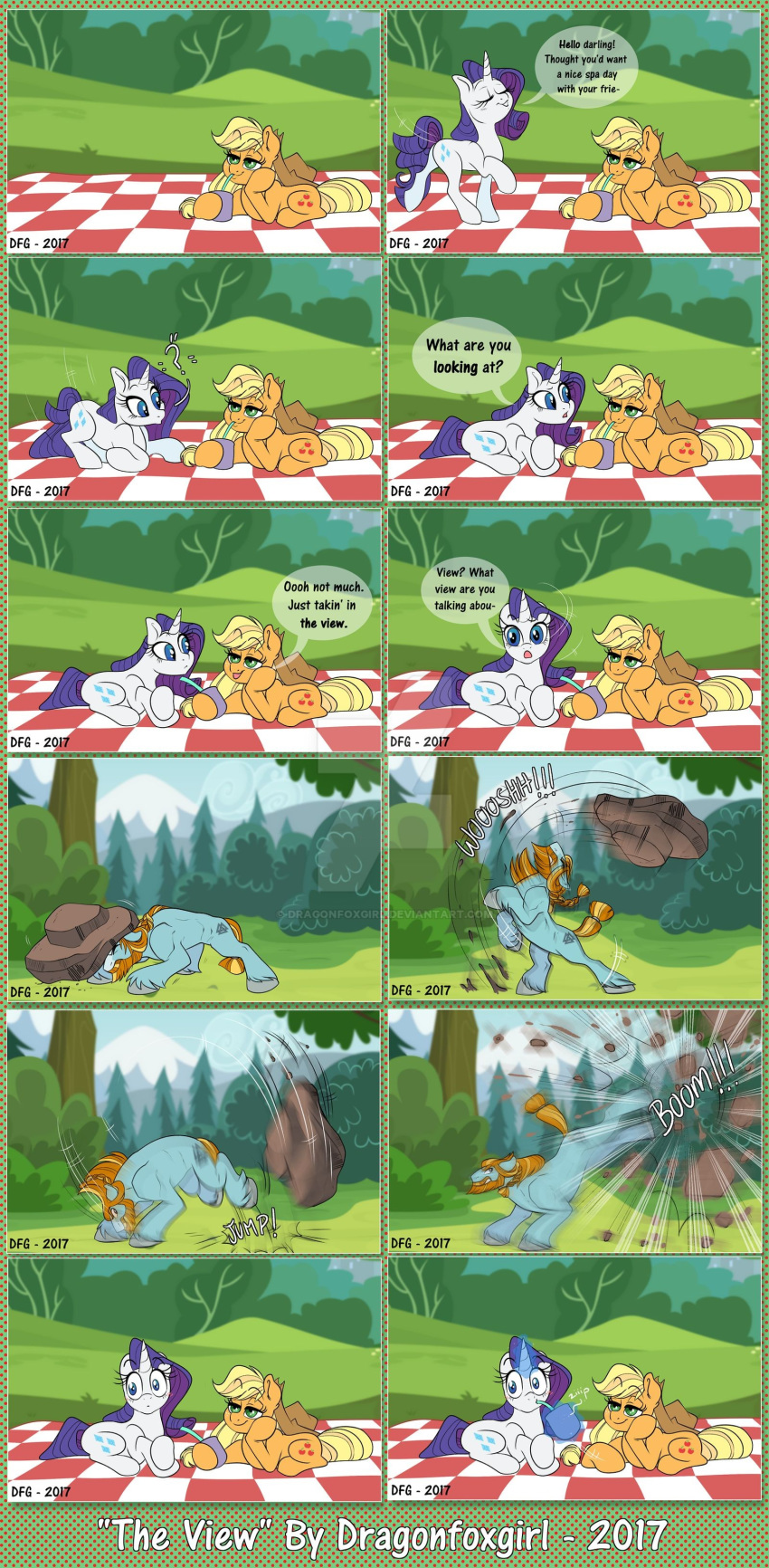 ? applejack_(mlp) bedding beverage blanket comic dialogue dragonfoxgirl equid female feral friendship_is_magic hi_res horn male mammal my_little_pony rarity_(mlp) rockhoof_(mlp) unicorn