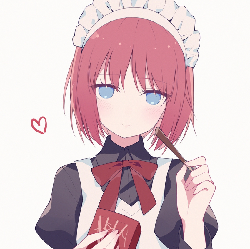 1girl apron bangs blue_eyes bob_cut box closed_mouth food fukurou_(hvgd5584) giving heart hisui holding juliet_sleeves long_sleeves looking_at_viewer maid_headdress necktie pocky puffy_sleeves red_hair red_neckwear red_ribbon ribbon short_hair simple_background smile solo tsukihime upper_body white_apron white_background