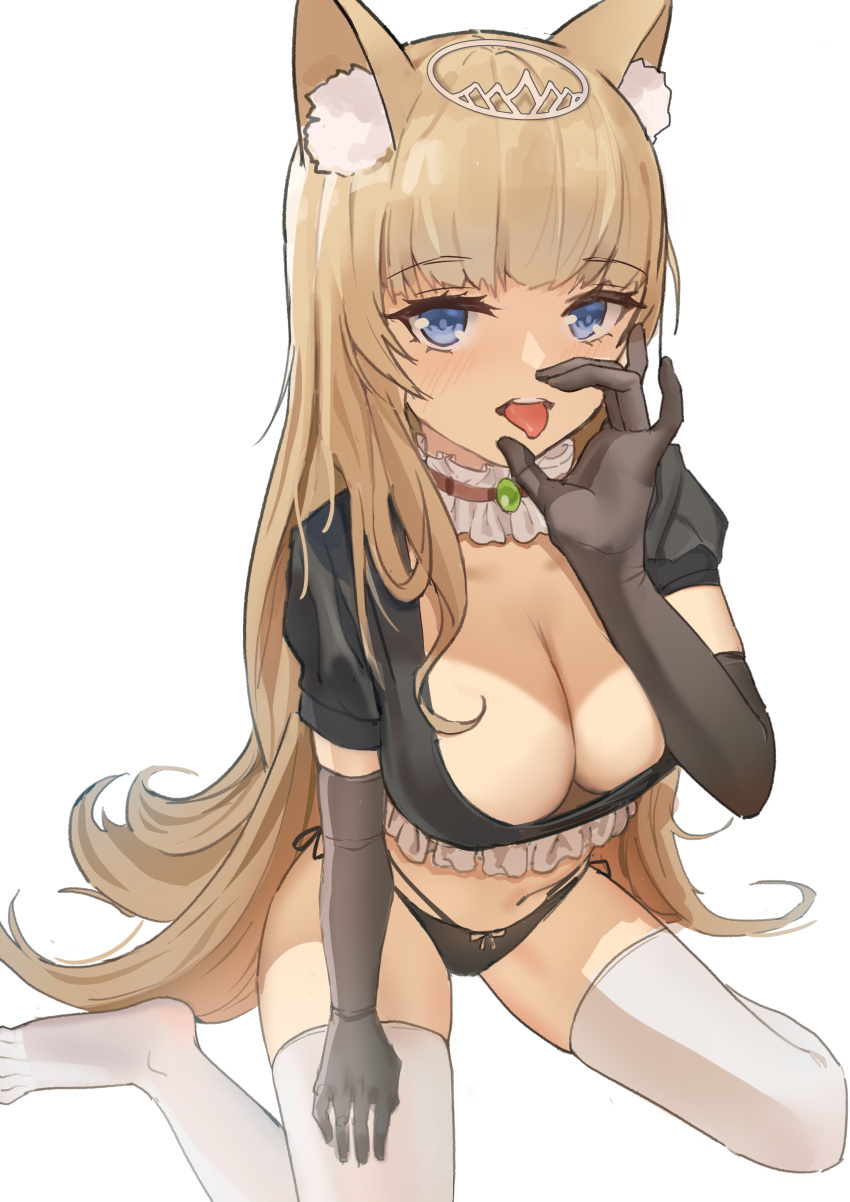 1girl absurdres animal_ear_fluff animal_ears black_gloves black_panties blue_eyes breasts brown_hair cat_ears choker cleavage crop_top darcy_(pixiv11949485) elbow_gloves fellatio_gesture frilled_choker frills gloves highres large_breasts long_hair looking_at_viewer open_mouth original panties short_sleeves side-tie_panties sitting solo stomach thighhighs tiara tongue tongue_out underwear very_long_hair wariza white_legwear