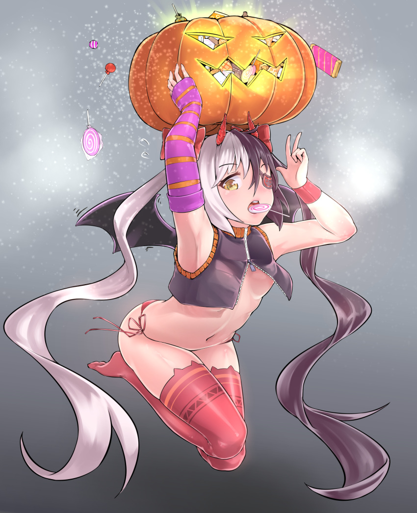 1girl black_hair breasts candy commentary_request eyepatch fingerless_gloves food gloves halloween highres jacket lavie long_hair looking_at_viewer multicolored_hair open_mouth panties pink_gloves pink_legwear pohwaran pumpkin red_panties single_glove small_breasts smile solo thighhighs twintails two-tone_hair underwear very_long_hair weapon white_hair