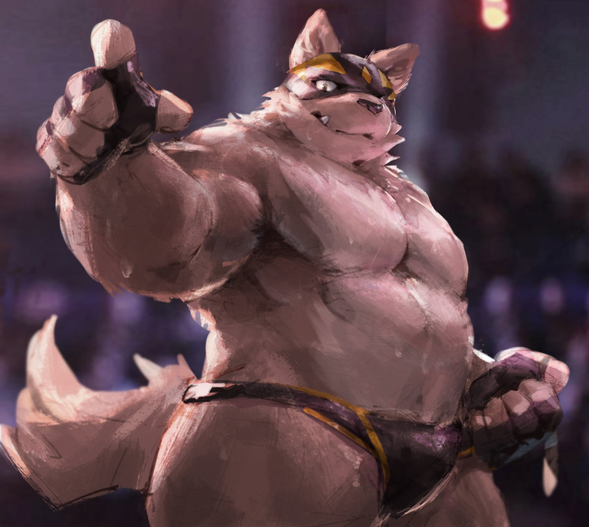 2018 anthro belly brown_fur bulge canine clothing dog fur gloves humanoid_hands lindong luchador male mammal mask pecs solo sweat wrestler