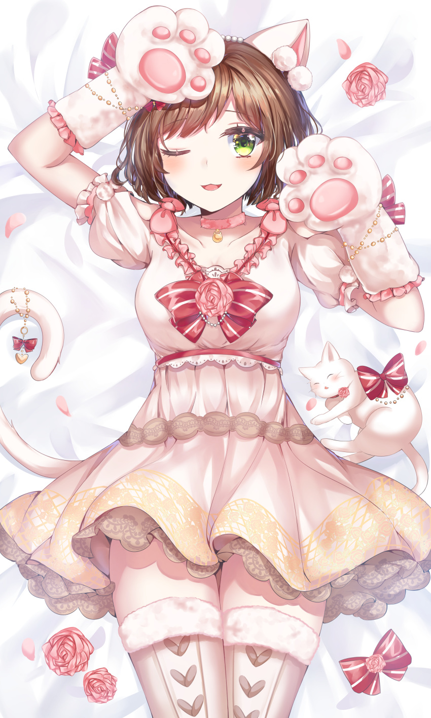 1girl absurdres animal_ears blush boots breasts brown_hair cat cat_ears cat_tail fake_animal_ears fake_tail green_eyes highres idolmaster idolmaster_cinderella_girls idolmaster_cinderella_girls_starlight_stage large_breasts lying maekawa_miku on_back one_eye_closed short_hair smile solo tail thigh_boots thighhighs uu_o3o_8 white_footwear