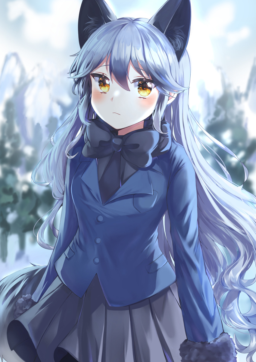 1girl absurdres animal_ears black_hair black_neckwear black_skirt blush bow bowtie coat cowboy_shot extra_ears eyebrows_visible_through_hair fox_ears fox_girl fox_tail fur_trim grey_hair highres kemono_friends long_sleeves looking_at_viewer multicolored_hair navy_blue_jacket necktie orange_eyes pleated_skirt silver_fox_(kemono_friends) silver_hair skirt solo tail uu_o3o_8 winter_clothes winter_coat