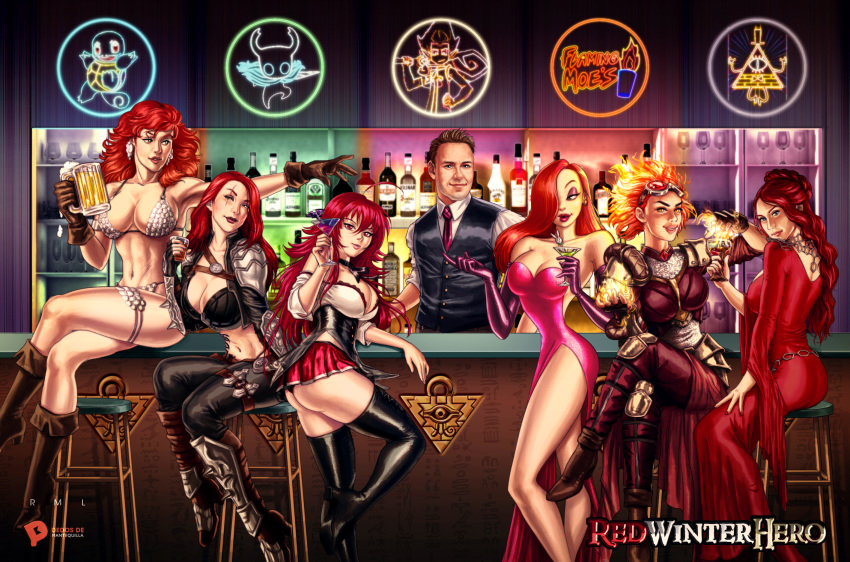bar bill_cipher chandra_nalaar highres hollow_knight_(character) jessica_rabbit melisandre red_sonja rias_gremory squirtle