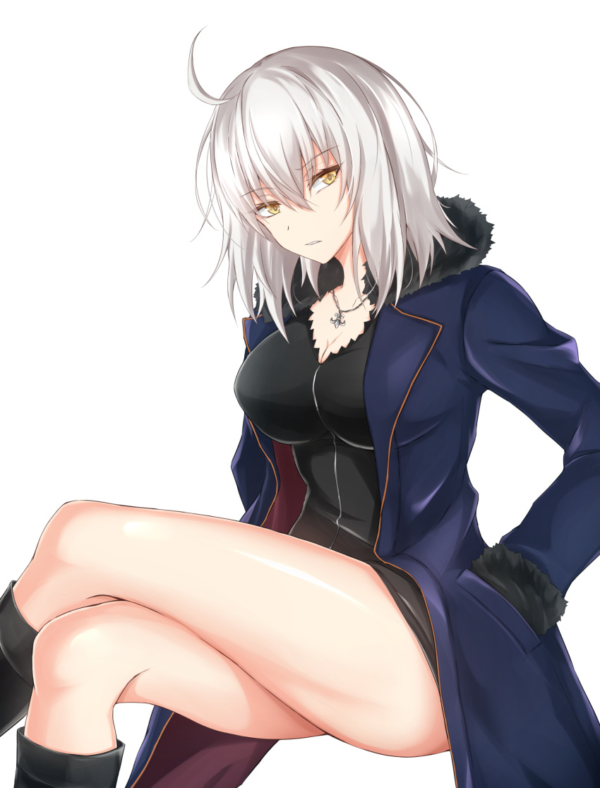 1girl ahoge bangs black_dress black_footwear blue_jacket boots breasts cleavage commentary_request crossed_legs dress eyebrows_visible_through_hair fate/grand_order fate_(series) feet_out_of_frame fur-trimmed_sleeves fur_trim hair_between_eyes hands_in_pockets head_tilt highres invisible_chair jacket jeanne_d'arc_(alter)_(fate) jeanne_d'arc_(fate)_(all) jewelry knee_boots large_breasts long_sleeves looking_at_viewer necklace open_clothes open_jacket piro_(iiiiiiiiii) short_dress short_hair silver_hair simple_background sitting solo thighs white_background wicked_dragon_witch_ver._shinjuku_1999 yellow_eyes