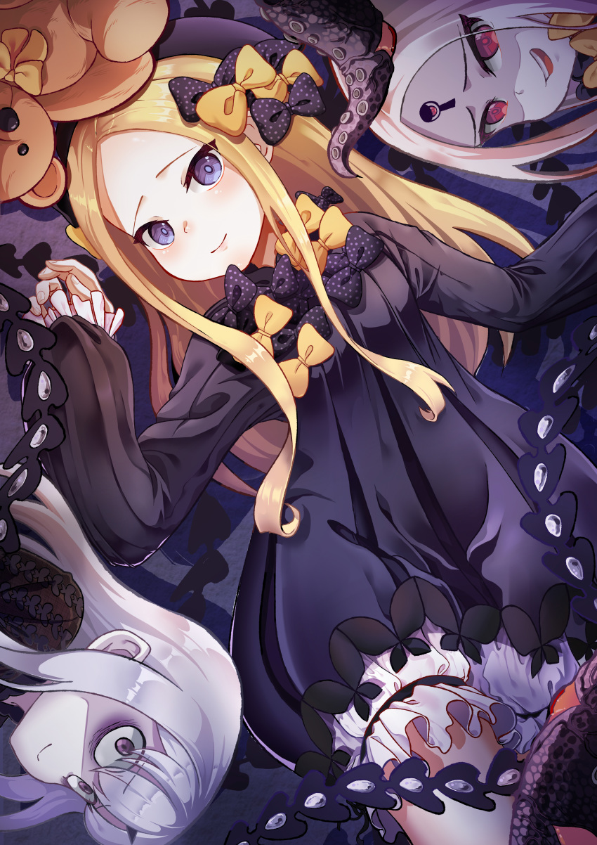 3girls abigail_williams_(fate/grand_order) absurdres bags_under_eyes bangs black_bow black_dress black_headwear blonde_hair blush bow breasts closed_mouth dress dual_persona fate/grand_order fate_(series) forehead gyoza_(pixiv17855879) hair_bow hat highres horn keyhole lavinia_whateley_(fate/grand_order) long_hair long_sleeves looking_at_viewer multiple_bows multiple_girls open_mouth orange_bow pale_skin parted_bangs polka_dot polka_dot_bow purple_eyes red_eyes ribbed_dress sleeves_past_fingers sleeves_past_wrists small_breasts smile stuffed_animal stuffed_toy teddy_bear tentacles third_eye white_bloomers white_hair white_skin wide-eyed witch_hat