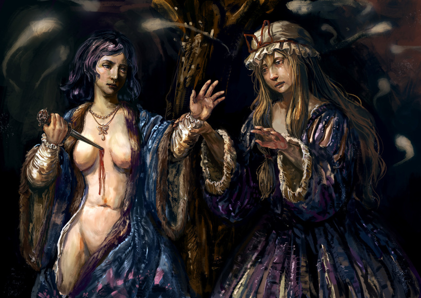 2girls alternate_costume amibazh bangs blood blood_drip blood_stain bloody_weapon blue_coat blue_eyes bow breasts butterfly_pendant cherry_blossom_print collarbone commentary_request crying crying_with_eyes_open dress expressionless fine_art_parody floral_print fur_trim gradient_hair hair_between_eyes hair_bow hat hat_ribbon highres hip_focus hitodama jewelry lips lipstick long_hair looking_at_another makeup medium_breasts mob_cap multicolored_hair multiple_girls navel necklace no_bra no_panties nose open_clothes open_hand parody parody_request parted_bangs parted_lips pearl_(gemstone) pearl_necklace pendant purple_dress purple_eyes purple_hair red_lips red_lipstick red_ribbon ribbon sad saigyouji_yuyuko short_hair sidelocks stake stomach streaming_tears suicide tears teeth texture thighs touhou tree very_long_hair wavy_hair weapon white_headwear white_sleeves wrist_grab yakumo_yukari