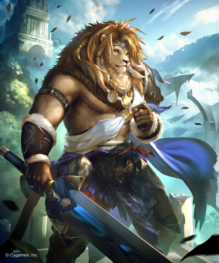 abs accessory armor blonde_hair brown_body brown_fur brown_hair cape castle clothed clothing cygames detailed_background feather_in_hair feathers felid fur gauntlets gloves gold_(metal) gold_jewelry hair hair_accessory hair_ring handwear jewelry kazashino lion male mammal mane melee_weapon muscular neck_tuft necklace official_art outside pantherine ring shadowverse solo sword tree tuft video_games weapon whiskers yellow_eyes