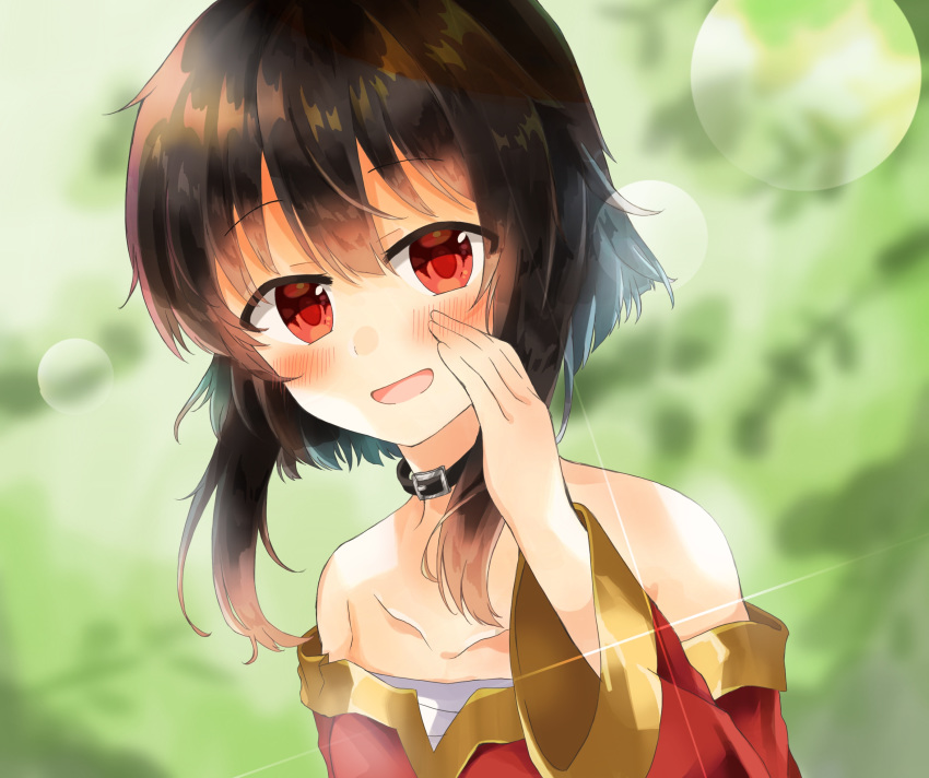 1girl :o bandages bare_shoulders black_collar black_hair blurry blurry_background blush collar collarbone dress eyebrows_visible_through_hair face hair_between_eyes highres kono_subarashii_sekai_ni_shukufuku_wo! long_sleeves looking_at_viewer megumin open_mouth red_dress red_eyes short_hair sidelocks smile solo yuno_(suke_yuno)