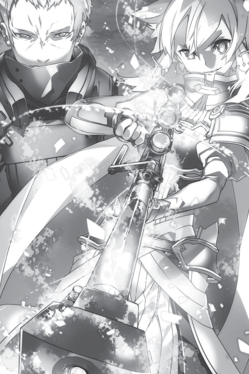 1boy 1girl abec dress faulds fingerless_gloves gloves greyscale grin gun hair_tubes highres holding holding_gun holding_weapon long_dress long_sleeves monochrome novel_illustration official_art pgm_hecate_ii rifle short_hair_with_long_locks sidelocks sinon smile sniper_rifle subtilizer_(sao) sword_art_online weapon